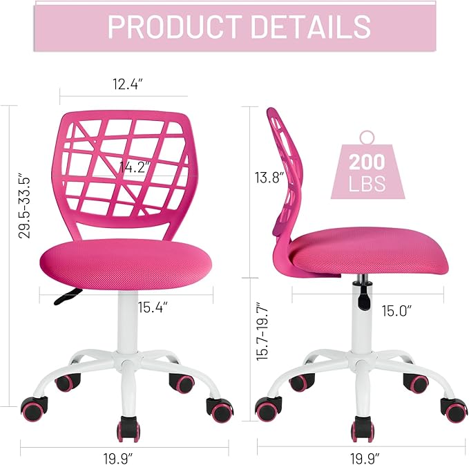 FurnitureR Kids Desk Chair, Armless Small Office Chair Adjsutable Swivel Task Chair with Soft Cushion for Study Kids Teens Child, Pink - LeafyLoom