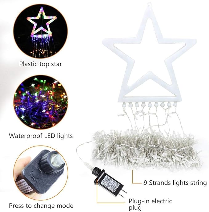 PUHONG Christmas Decoration Outdoor Star String Lights,16.4Ft Christmas Tree Toppers Lights 320 LED 8 Memory Modes with 14" Lighted Star for Halloween Christmas New Year Holiday Birthday PUHONG