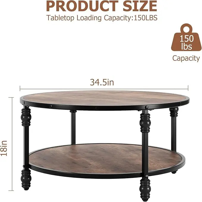 GAOMON Round Coffee Table Living Room 34.25in Rustic Circle Center Table with Storage Shelf 2-Tier Modern Wood Coffee Table, Easy Assembly(Brown) - LeafyLoom