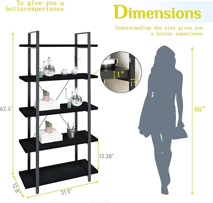 Tall Bookshelf with Large Storage,5 Tier Bookcase in Bedroom,Living Room and Office,Modern Wide Bookcase Shelf for Storing Books/Plants,Black - LeafyLoom