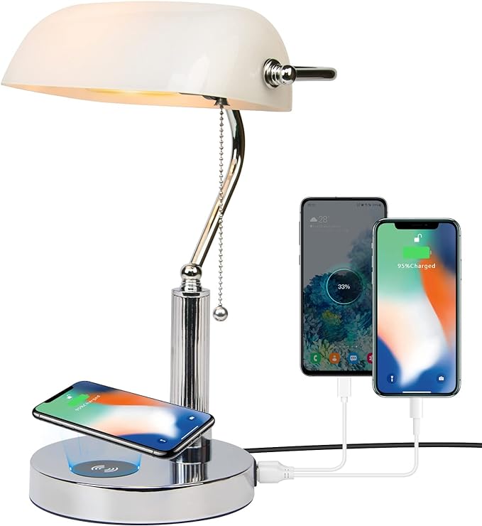 FIRVRE Bankers Lamp, White Glass Desk Lamp with Wireless Charger and 2USB Charging Port,Pull Chain Switch Lamp with Metal Base,Modern Reading Table lamp for Home Office, Piano, Library - LeafyLoom