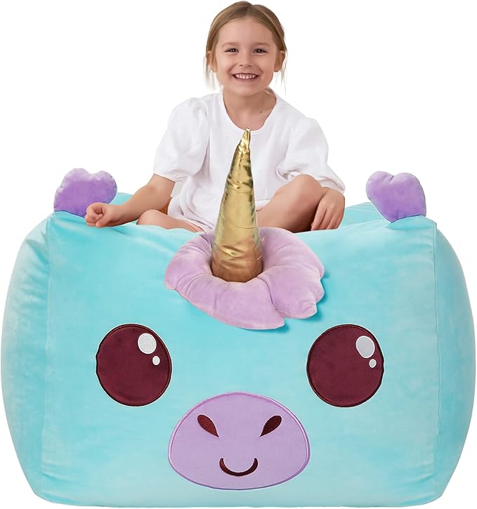 Aubliss Unicorn Stuffed Animal Storage Bean Bag Chair for Kids, Velvet Extra Soft Beanbag Chairs Cover, X-Large Stuffable Zipper Bean Bag for Organizing Plush Toys Girls Bedroom Decor, Cyan - LeafyLoom