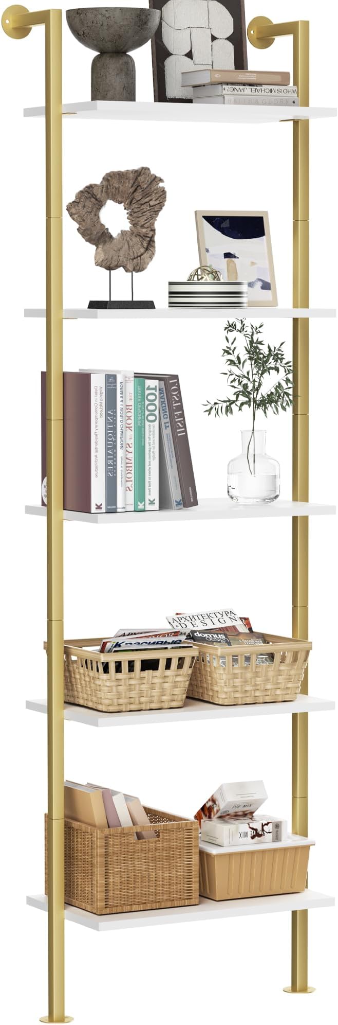 5-Tier Bookshelf Solid Wood Ladder Shelf, Narrow Book shelf Display Shelf, Wooden Ladder Shelf Bookcase, Wall Mount Ladder Shelf, Storage Rack for Living Room, Bedroom, Bathroom, White and Gold - LeafyLoom