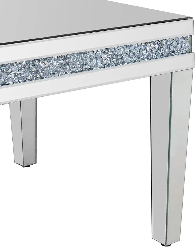 Silver Mirrored Coffee Table, Rectangle Living Room Tables with Crystal Inlay, Gorgeous Modern Mirror Coffee Table Mirrored Furniture for Living Room, Office - LeafyLoom