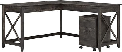 Bush Furniture Key West 60W L Shaped Desk with 2 Drawer Mobile File Cabinet in Dark Gray Hickory - LeafyLoom