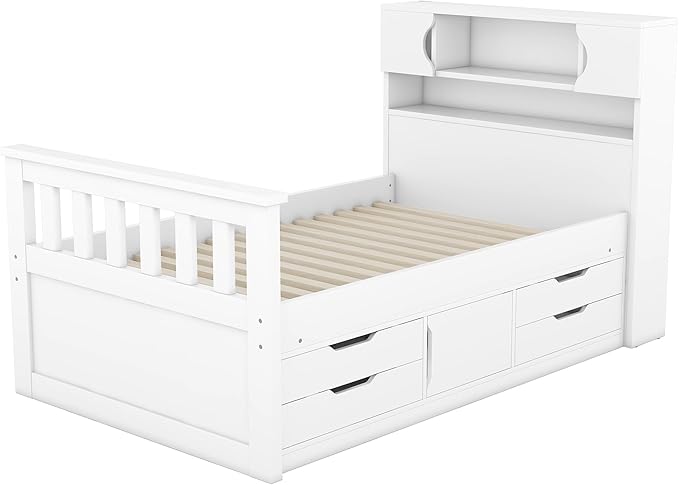 Merax Twin Size Bed Frames with Bookcase Headboard,Kids Wooden Platform Bed with 4 Drawers,White Captain Platform Bed with Storage Underneath - LeafyLoom