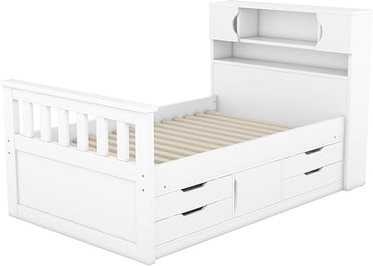 Merax Twin Size Bed Frames with Bookcase Headboard,Kids Wooden Platform Bed with 4 Drawers,White Captain Platform Bed with Storage Underneath - LeafyLoom