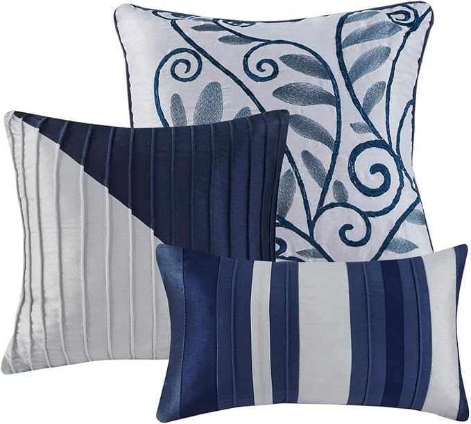 Madison Park Amherst Faux Silk Comforter Set-Casual Contemporary Design All Season Down Alternative Bedding, Matching Shams, Bedskirt, Decorative Pillows, King(104"x92"), Navy, 7 Piece (MP10-2208) - LeafyLoom