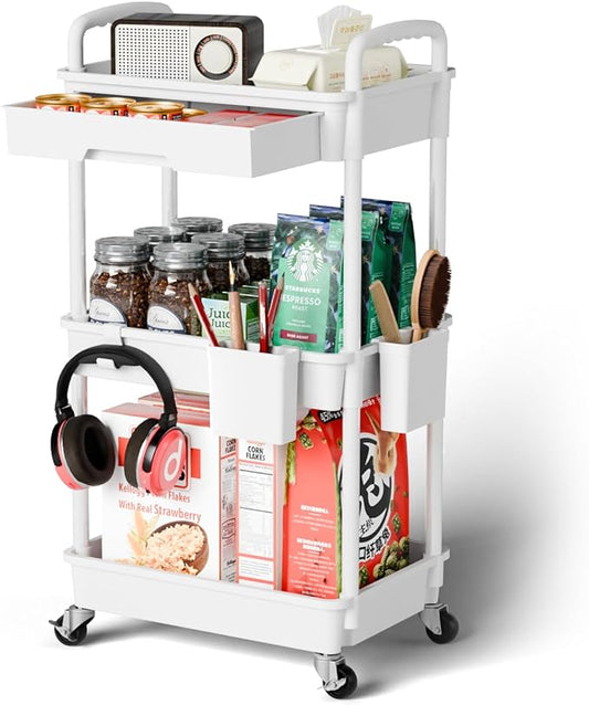 3 Tier Small Rolling Cart Organizer,Laundry Room Bathroom Organizers and Storage Office Shelves Mobile Shelving Unit Kitchen Trolley Cart with Wheels for Art,Craft,Diaper,Bedside,Snack(White) - LeafyLoom