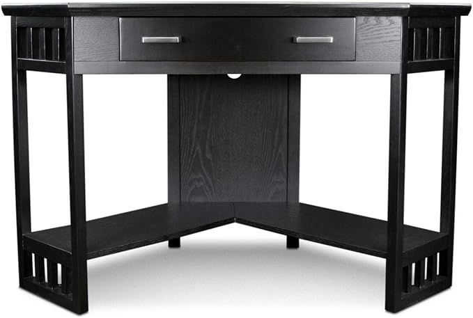 Leick Home 83430 Corner Computer/Writing Desk with Center Keyboard Drawer and Shelf, Black Oak - LeafyLoom