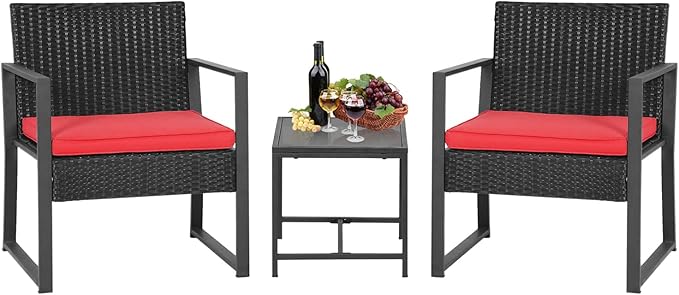 FDW Patio Furniture Sets 3 Piece Outdoor Bistro Set Wicker Patio Chairs Rattan Outdoor Furniture for Backyard Porch Poolside Lawn,Red Cushion - LeafyLoom