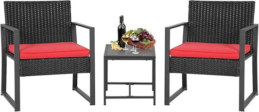 FDW Patio Furniture Sets 3 Piece Outdoor Bistro Set Wicker Patio Chairs Rattan Outdoor Furniture for Backyard Porch Poolside Lawn,Red Cushion - LeafyLoom