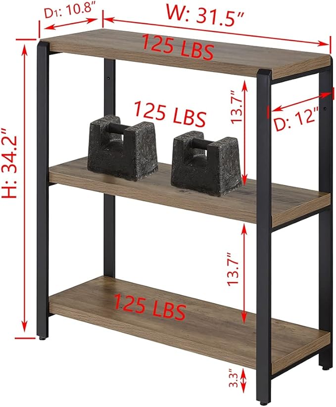 FOLUBAN 3 Tier Bookshelf, Industrial Bookcase and Book Shelves for Bedroom, Rustic Wood and Metal Book Case for Office, Oak - LeafyLoom