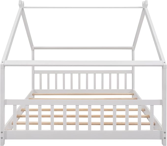 Bellemave Full Montessori Floor Bed Frame, White, Modern Style, No Box Spring Needed, Headboard Included, 275lb Weight Capacity - LeafyLoom