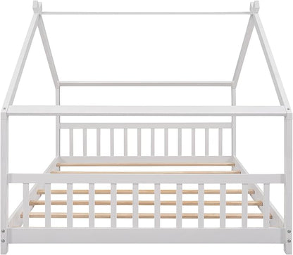 Bellemave Full Montessori Floor Bed Frame, White, Modern Style, No Box Spring Needed, Headboard Included, 275lb Weight Capacity - LeafyLoom