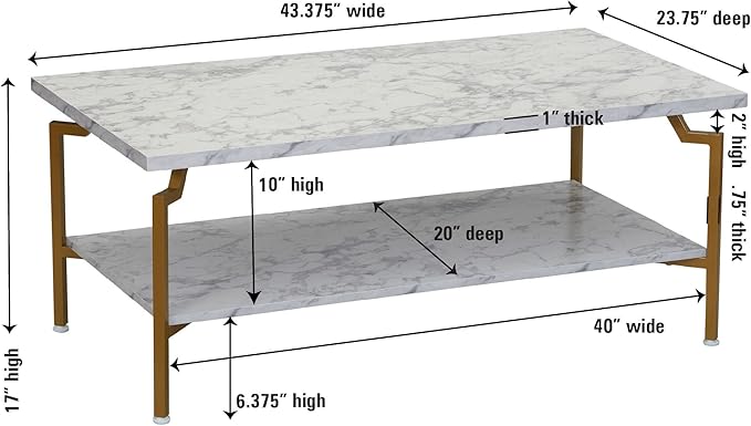 Household Essentials Crown Rectangular Coffee Table with Storage Shelf White Marble and Gold Metal - LeafyLoom