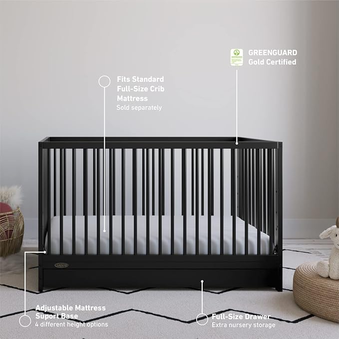 Graco Teddi 5-in-1 Convertible Crib with Drawer (Black) – GREENGUARD Gold Certified, Crib with Drawer Combo, Full-Size Nursery Storage Drawer, Converts to Toddler Bed, Daybed and Full-Size Bed - LeafyLoom