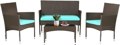 FDW 4 Pieces Patio Furniture Set Wicker Patio Conversation Set with Rattan Chair Loveseats Coffee Table for Outdoor Indoor Garden Backyard Porch Poolside Balcony,Brown Wicker/Blue Cushions - LeafyLoom