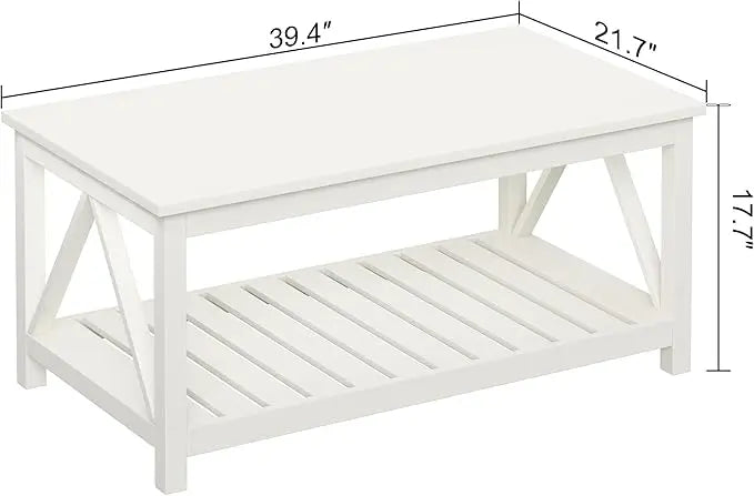 ChooChoo Coffee Table, Living Room Table with Shelf, 40 Antique White - LeafyLoom