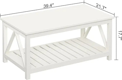 ChooChoo Coffee Table, Living Room Table with Shelf, 40 Antique White - LeafyLoom