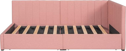 Twin Size Upholstered Daybed with Headboard and 2 Storage Drawers Underneath, Modern Linen Fabric Day Bed Frame for Bedroom/Living Room/Guestroom, Pink - LeafyLoom