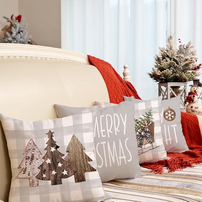 GEEORY Christmas Pillow Covers 18 x 18 Inch Set of 4, Buffalo Plaid Wooden Tree Snow Sleigh Merry Xmas Holiday Decor Decorative Throw Cushion Cases Decoration for Home Party Sofa Couch (Beige) GEEORY