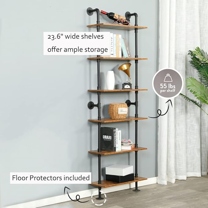 Industrial Pipe Shelving, 6-Tier Pipe Shelves Ladder Shelf, Modern Bookcase Wall Mount Bookshelf with Metal Frame, Book Shelves Wall Decor Wood Shelves for Home, Living Room, Office(23.6x9.8x78.8) - LeafyLoom