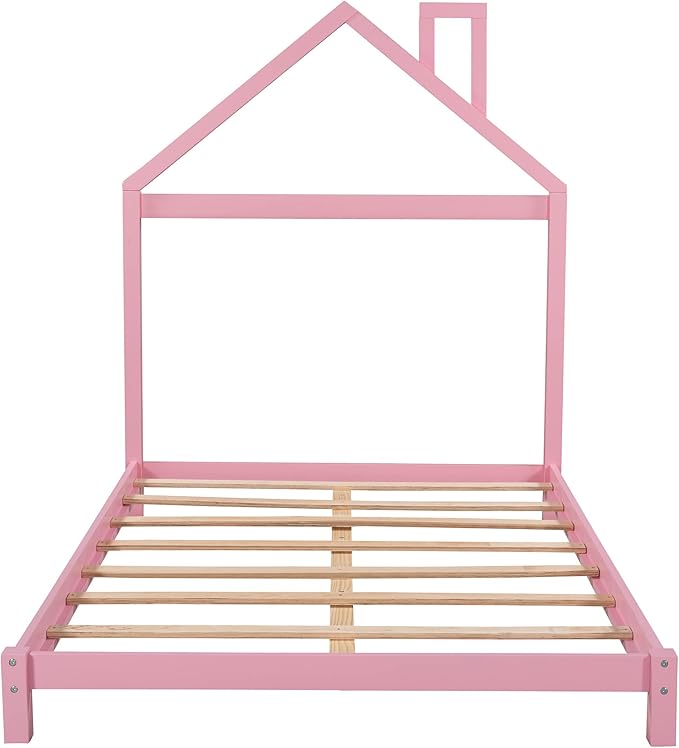 Jintop Full Size Wood Platform Chimney and House-Shaped Headboard,Bedroom Furniture Bed Frame W/ 10 Slat Support,Easy to Install,for Teens Kids Girls Boys,Pink - LeafyLoom