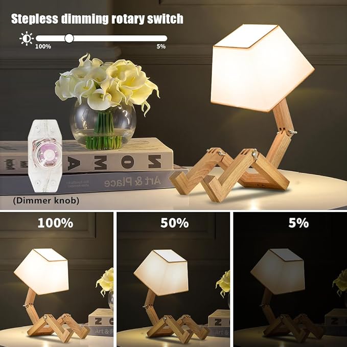 ELINKUME Cute Robot Desk Lamp,Dimmable Bedside Table Lamps,Square Lampshade Night Light with Foldable Solid Wood Body,Fun Kids Lamp, Nightstand lamp for Bedroom,Study,Office,Living room(Gift) - LeafyLoom