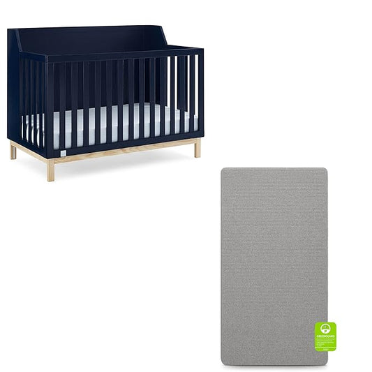 babyGap by Delta Children Oxford 6-in-1 Convertible Crib TrueSleep 2-Stage Deluxe Crib and Toddler Mattress (Bundle), Navy/Natural - LeafyLoom