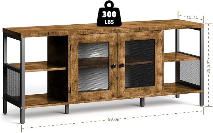 TV Stands for Living Room, Industrial TV Stand for Bedroom Furniture, Farmhouse TV Stand 65 Inch Television Stand with Back Panel, Modern Horizontal Wood and Metal Open Bookshelf, Rustic Brown - LeafyLoom