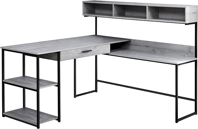 Monarch Specialties Workstation for Home & Office with Multiple Shelves and Drawer L-Shaped Corner Desk with Hutch, 60" L, Grey/Black Frame - LeafyLoom