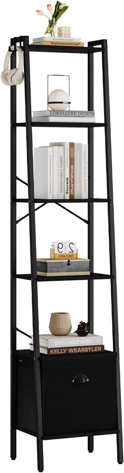 Narrow Bookshelf Bookcase with Drawer, Ladder Shelf with 2 Hooks, Bookshelves Storage Organizer, Freestanding Display Standing for Home Office, Bedroom, 6 Tier Black BC19604B - LeafyLoom