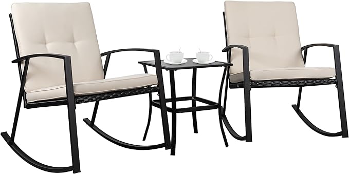 Shintenchi 3 Pieces Rocking Bistro Set Wicker Patio Outdoor Furniture, 2 Rattan Porch Chairs Conversation Sets with Glass Coffee Table (Beige) - LeafyLoom