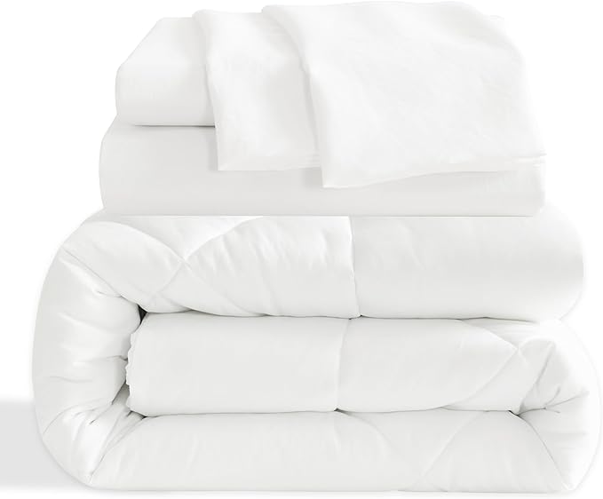 NTBAY Twin Comforter Set with Sheets, 5 Pieces Soft and Breathable Twin Bedding Set, Twin Bed in a Bag, Down Alternative Comforter Set Solid Color All Season, Kids Bedding Set, White - LeafyLoom