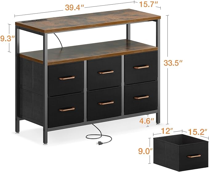 AODK TV Stand with Power Outlet, 40" Long TV Stand with 6 Large Fabric Drawers, Entertainment Center with Open Shelves for 55 Inch TV, Living Room, Black and Vintage - LeafyLoom