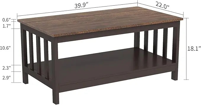 ChooChoo Farmhouse Coffee Table, Espresso Living Room Table with Shelf, 40 Inch - LeafyLoom