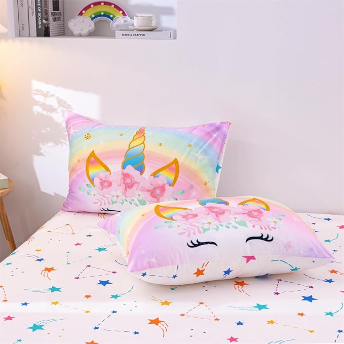 NTBED Unicorn Twin Comforter Set with Sheets,5 Pieces Kids Bedding Sets for Girls, Lightweight Microfiber Star Floral Bed in a Bag, Rainbow - LeafyLoom