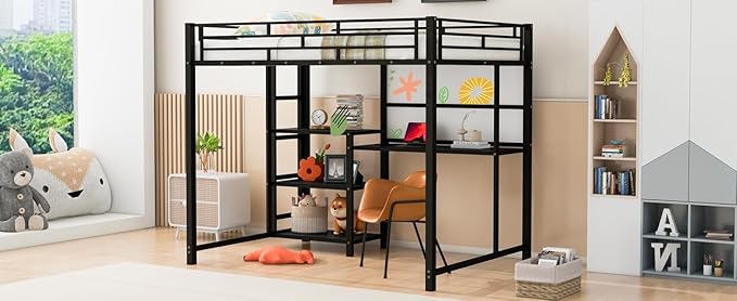 RITSU Full Size Loft Bed, Heavy Duty Metal Bunk Bedframe with Desk and Whiteboard, Safety Guardrail Fence & Ladder, 3 Big Storage Shelves, for Kids, Teens, Black - LeafyLoom