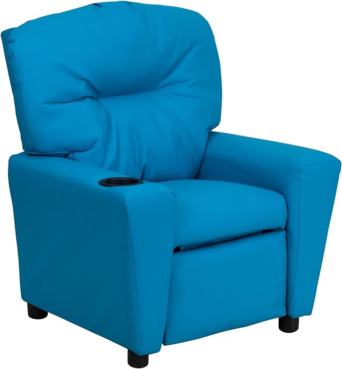 Flash Furniture Chandler Vinyl Kids Recliner with Cup Holder and Safety Recline, Contemporary Reclining Chair for Kids, Supports up to 90 lbs., Turquoise - LeafyLoom