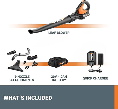 Worx 20V Cordless Leaf Blower WG545.1, Up to 120 MPH Air Speed, Long Nozzle Design for Narrow Spaces, Ideal for Indoor and Outdoor Cleaning, 9x Cleaning Attachments, Battery and Charger Included - LeafyLoom