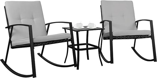 Shintenchi Outdoor 3 Piece Rocking Bistro Set, Wicker Patio Outdoor Furniture Porch Chairs Conversation Sets with Glass-Top Coffee Table for Backyard Porch Poolside Lawn, Garden,Gray - LeafyLoom