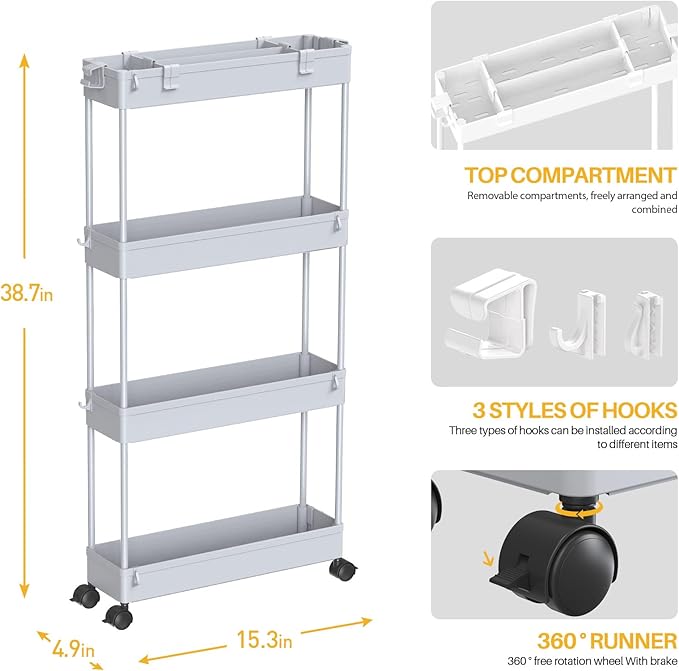 SPACELEAD Slim Storage Cart 4 Tier,Bathroom Storage Organizer Rolling Utility Cart, Mobile Shelving Unit Slide Out Storage Cart for Office, Bathroom, Kitchen, Laundry Room & Narrow Places， Grey - LeafyLoom