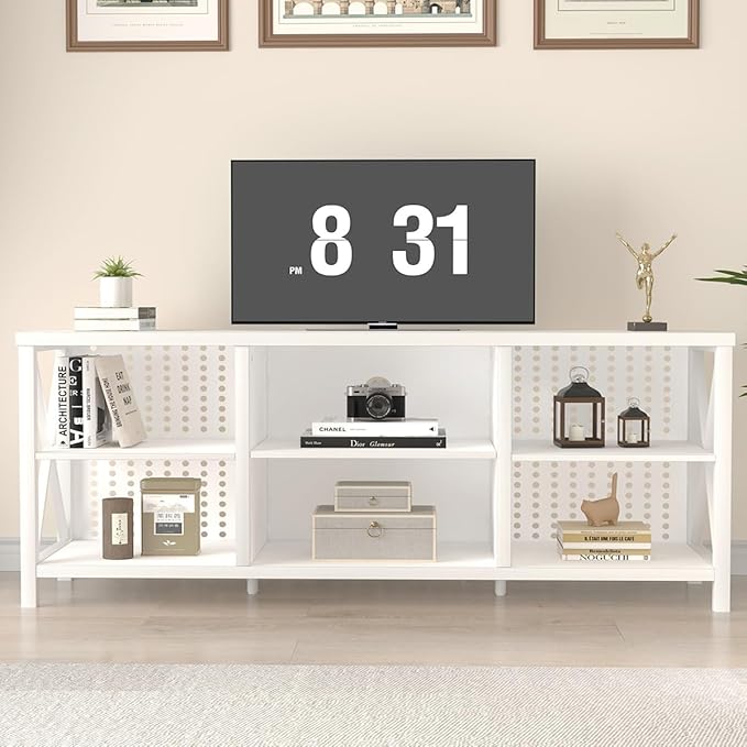 LVB White TV Stand for 75 Inch TV, Large Industrial Wood Entertainment Center with Storage Cabinet, Long Modern Metal Television Stands Console Table for Home Living Room Bedroom, White Oak, 63 Inch - LeafyLoom