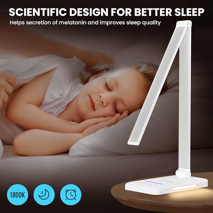 LED Desk Lamp with Night Light, Fast Wireless Charger, USB Charging Port, 10 Brightness, 5 Color Modes, Dimmable Bedside Table Lamp for Bedroom, Touch Control, Auto Timer, 1200Lux Super Bright - LeafyLoom