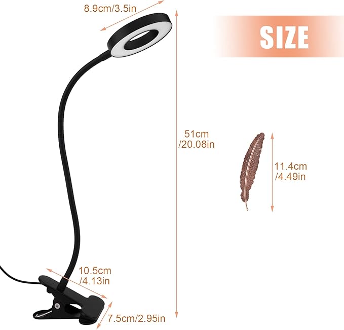 LED Clip On Light Reading Light, 10 Dimmable Brightness Gooseneck Clamp Desk Ring Light with Metal Bookmark for Reading Makeup Bedside (Size:Lamp+Bookmark) - LeafyLoom