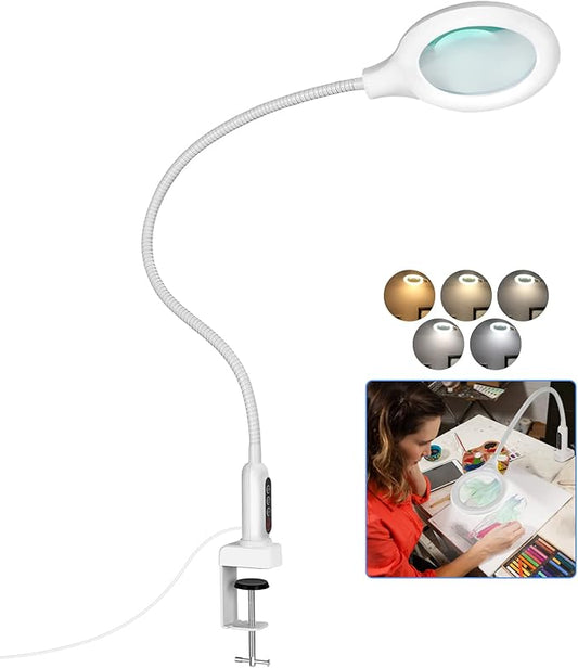 26" Gooseneck Magnifying Lamp with Clamp, 5 Color Modes Stepless Dimmable LED Desk Light with Magnifying Glass, 8X Real Glass Lighted Magnifier Hands Free for Painting Close Work Craft Hobby - LeafyLoom