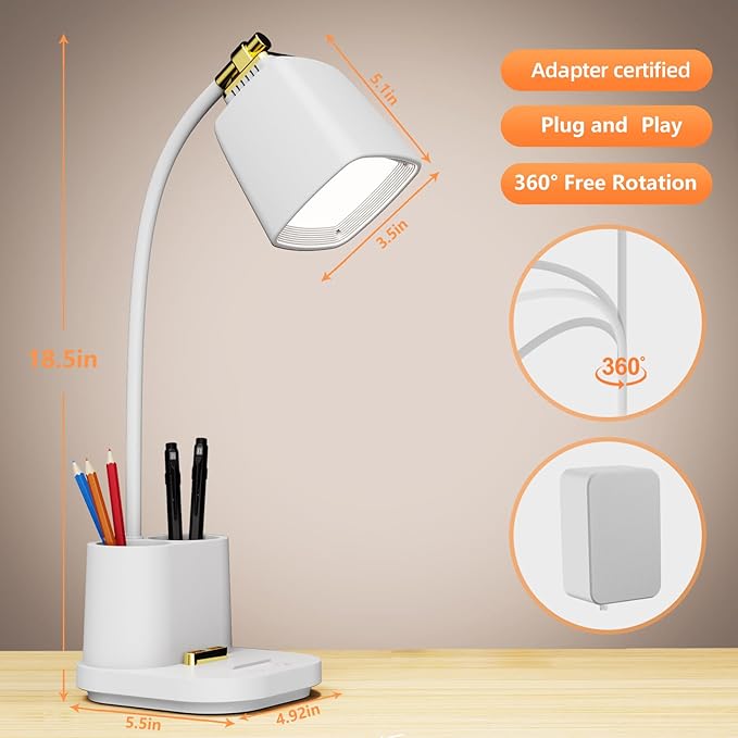 LED Desk Lamp with USB Charging Port Touch control 3 Color Modes, Stepless Dimming, Home office Desk Lamp, LED Small Desk Lamp in University Dormitory, Study Desk Lamp, Gooseneck Lamp - LeafyLoom