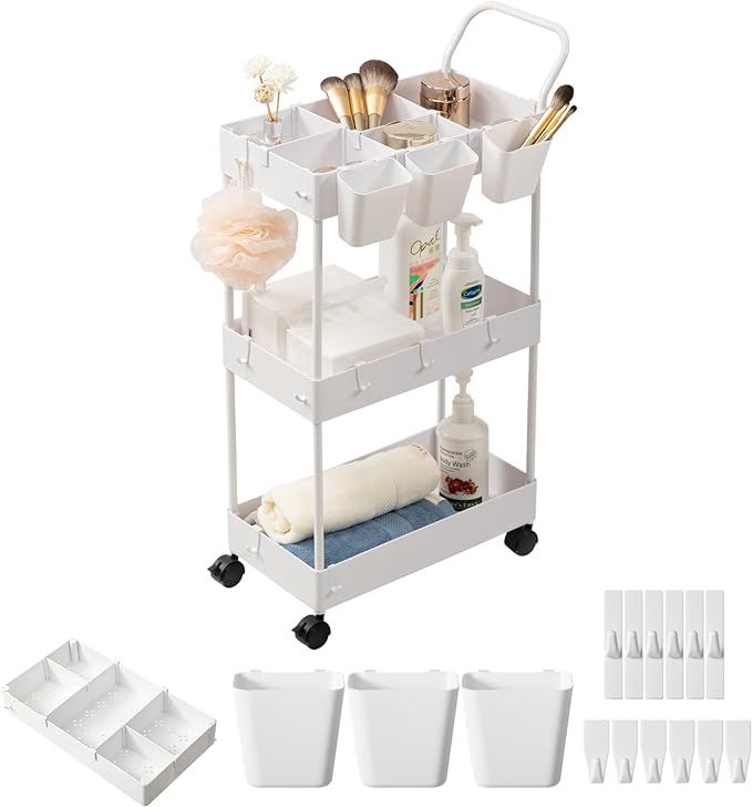 danpinera Slim Storage Cart, 3 Tier Slim Laundry Cart with Wheels Bathroom Cart Organizer with Hanging Cups Hooks Dividers Handle Mobile Rolling Art Cart for Bathroom Kitchen Narrow Places, White - LeafyLoom