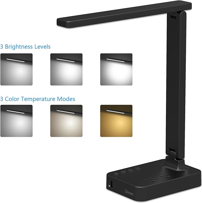 Drevet LED Desk Lamp, Desk Light with 1 USB Charging Port and 2 AC Power Outlet, 3 Lighting Modes, 3 Level Brightness,1H Timer, Touch Control, Eye-Caring Home Office Foldable Table Lamp (Black) - LeafyLoom